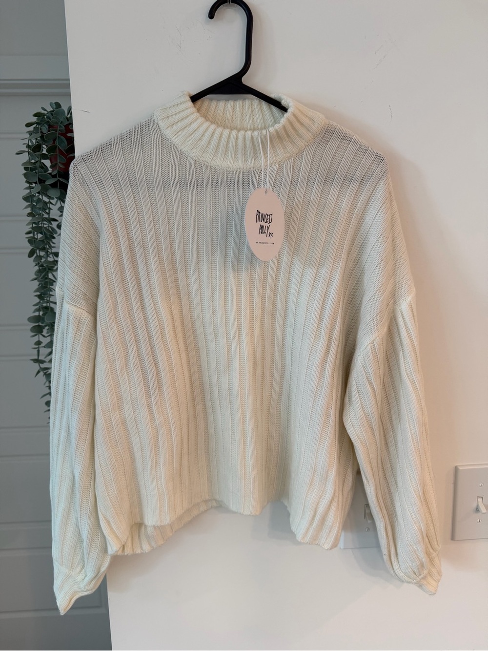 Princess Polly Ivory Rib-Knit Mock Neck Long Sleeve Pullover Sweater S/M
